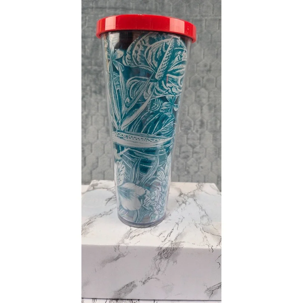 Starbucks Tropical Blue Flower cold tumbler 24 oz. - 2017 red lid, missing straw